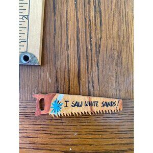 Vintage Wooden "I Saw White Sands!" Handpainted Fridge Magnet Souvenir With Blue